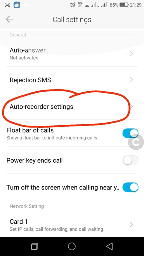 Setelah memilih Call Setting, pilih Auto-recorder settings